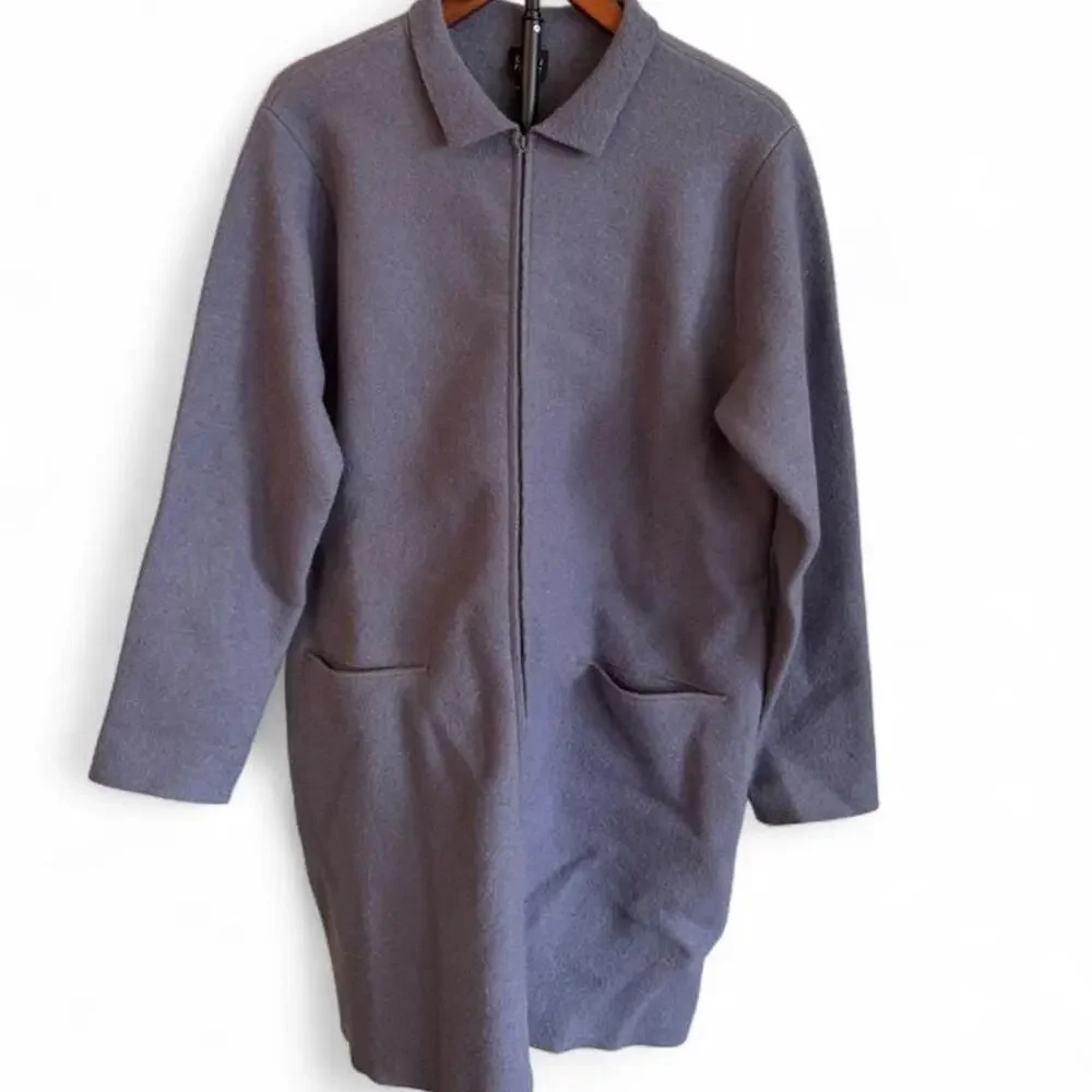 Vintage 90s Eileen Fisher 100% Wool Long Lavender trench Coat Size M Hong Kong